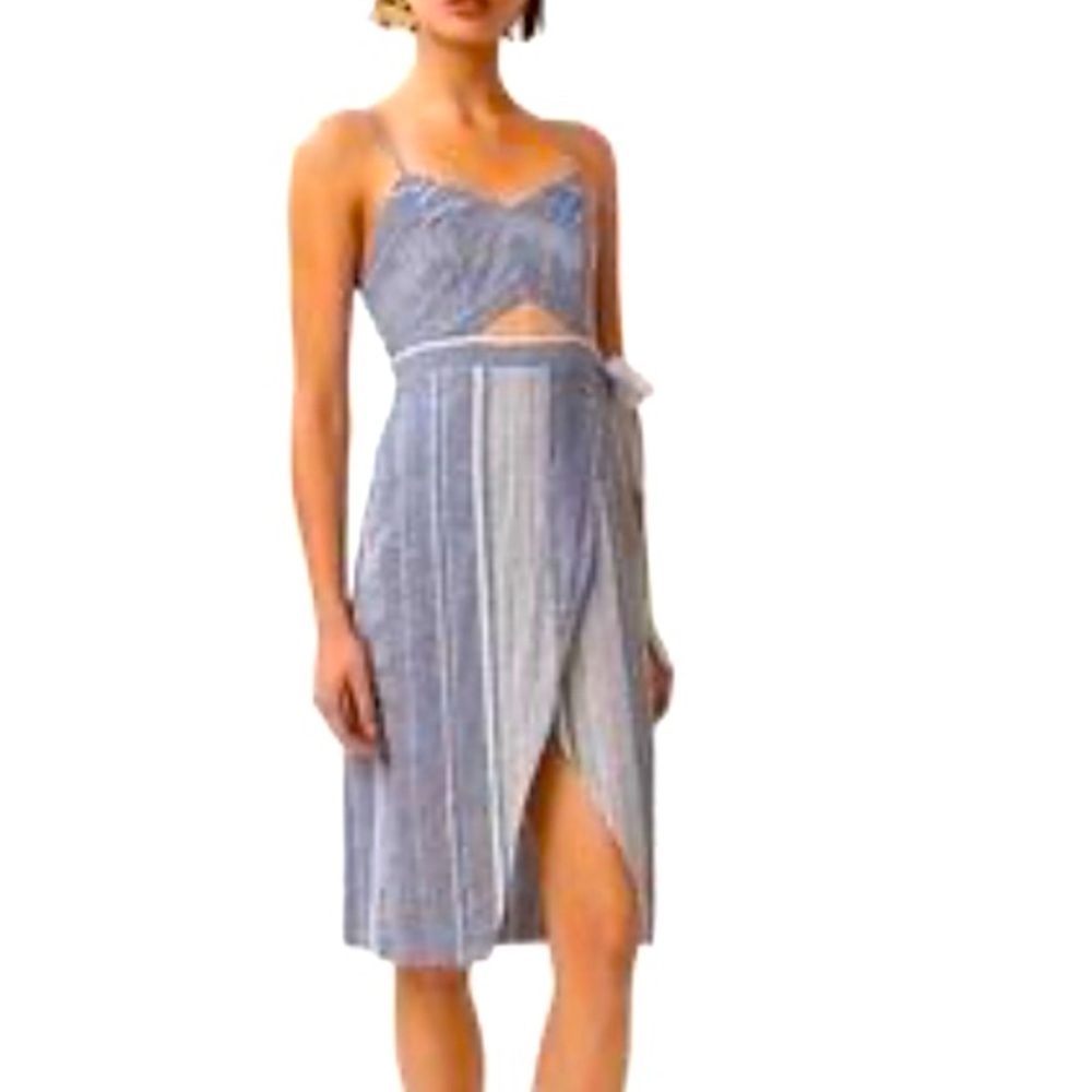 Express Blue & White Striped Asymmetrical Midi Dress